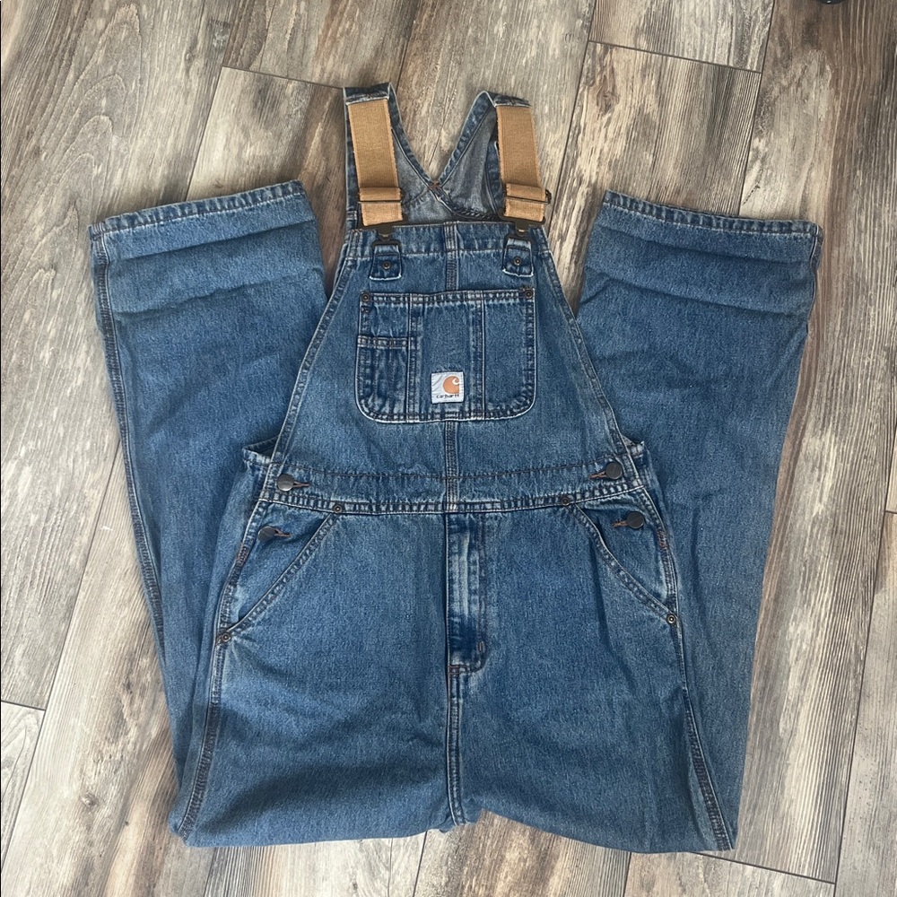 Carhartt Blue Denim Straight Leg Overalls with Tan Straps